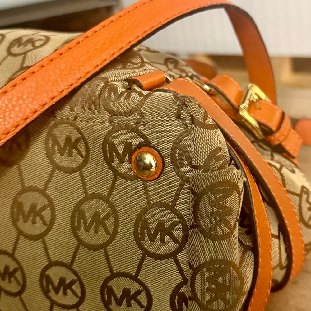 Michael Kors Monogram Gansevoort Beige Tangerine Canvas Leather Satchel Bag - Picture 11 of 16